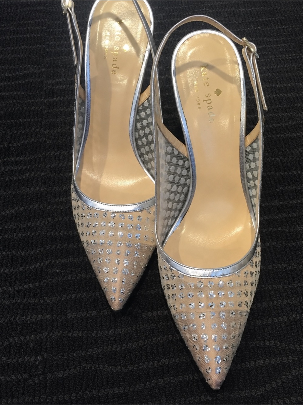 Kate Spade Silver Crystal Mesh Pointed Toe Slingback Heels Size 10